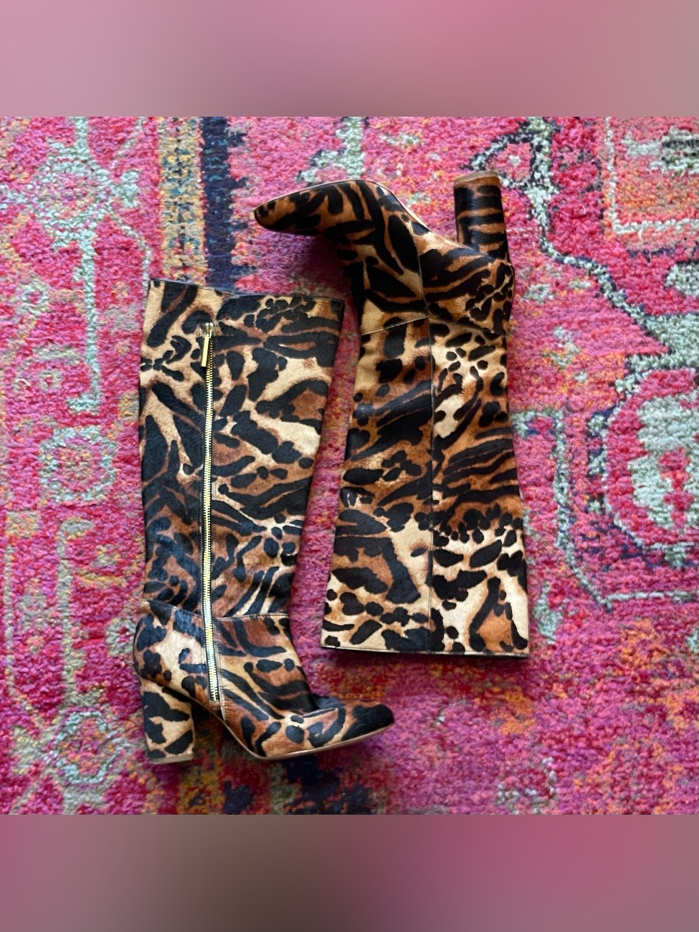 Louise Et Cie Zenia Genuine Calf Hair Knee High Leopard Print Block Heel Boots